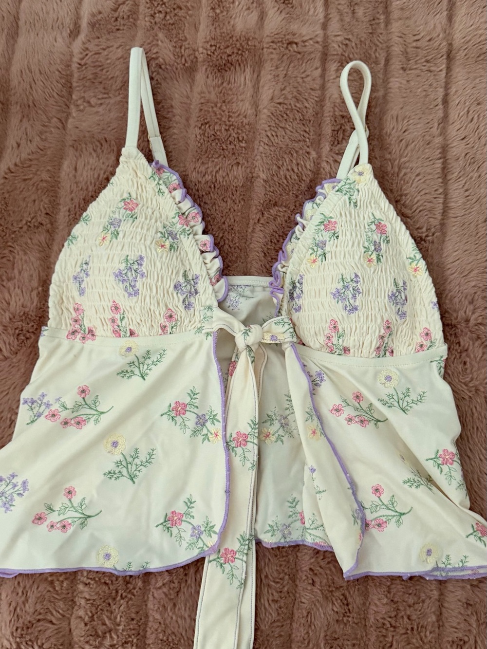 Floral Smocked Tie-Front Cami in Cream with Pastel Blooms